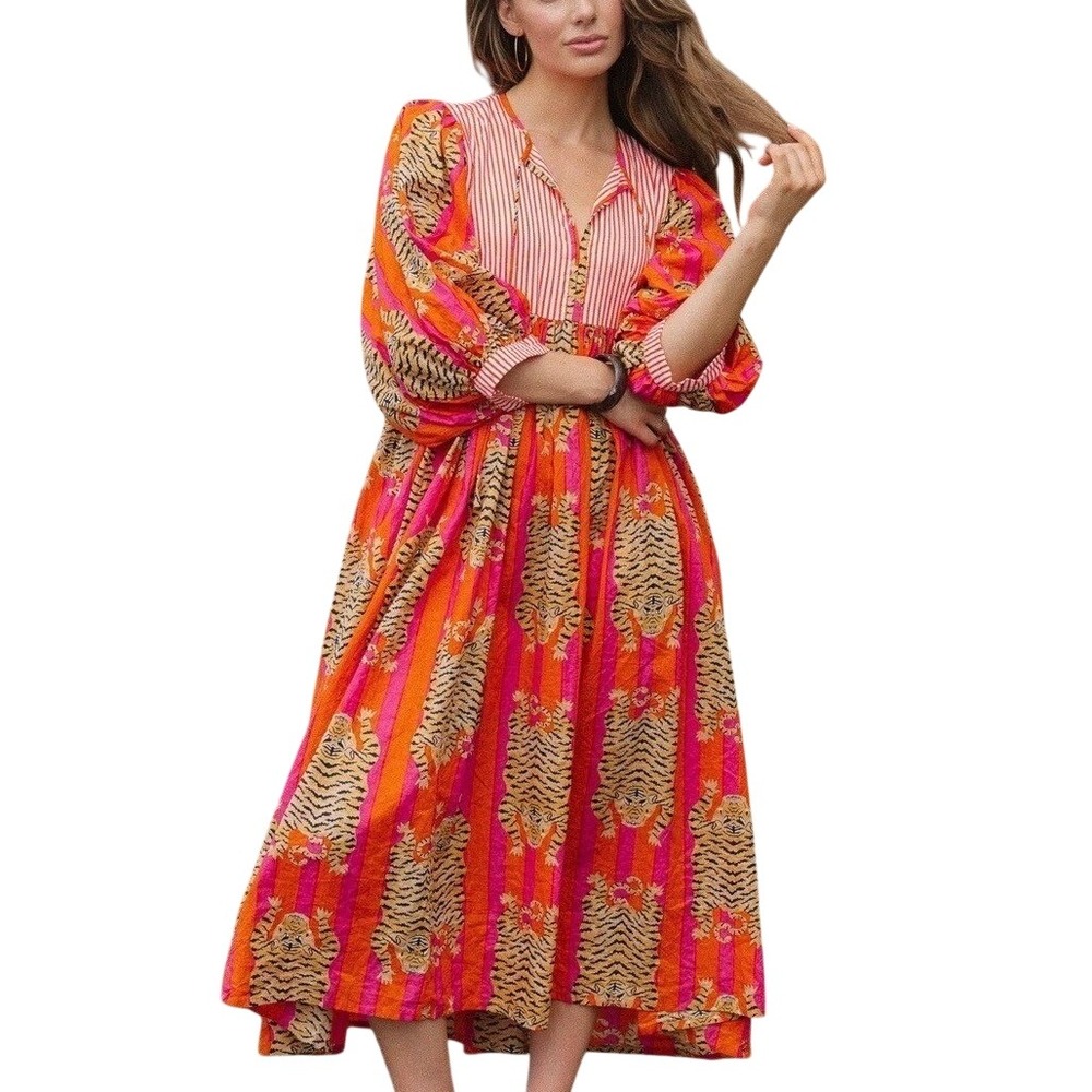 House of Sundar XXL Midi Dress Orange Tiger Hand Block Print Cotton Boho